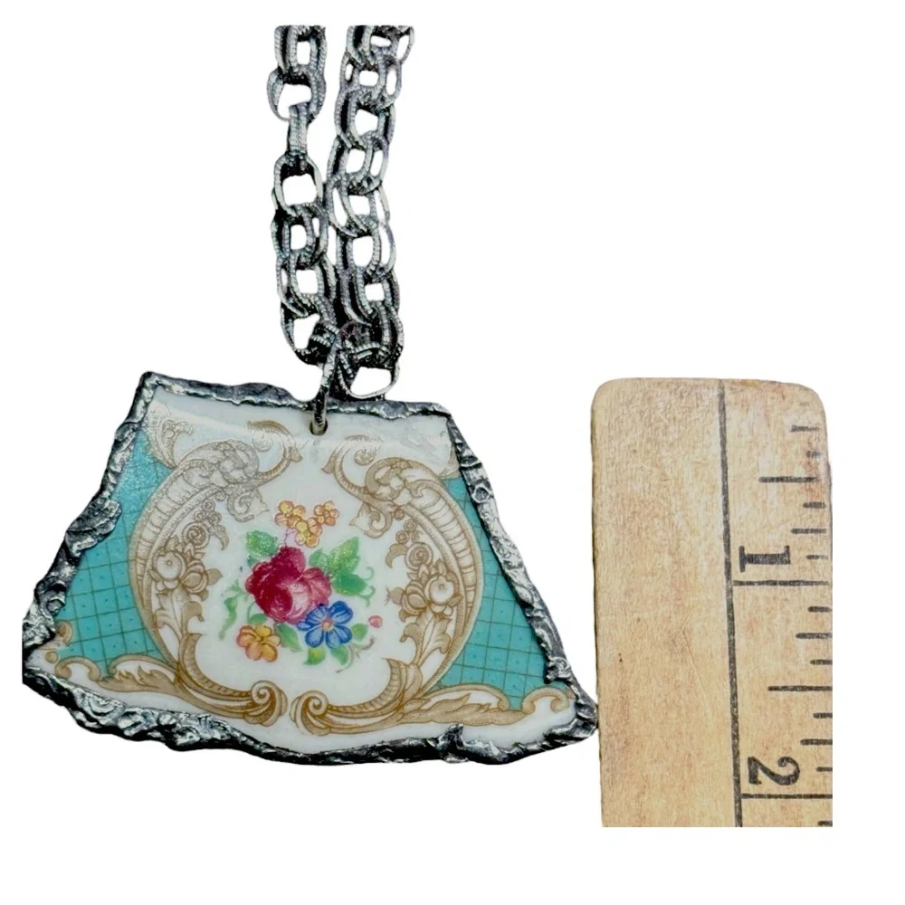 Vintage Floral Broken China Pendant Artisan Handcrafted Cabochon and Necklace